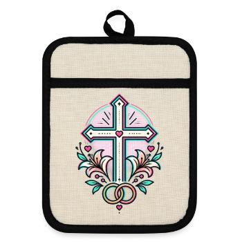 HerzKreuz Tattoo mit Blüten und Ringen - Topflappen mit Gummirückseite - Leinen/Schwarz  - Vorne