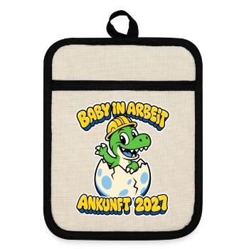 Baby in Arbeit - Ankunft 2027 Dino Junge - Topflappen mit Gummirückseite - Leinen/Schwarz  - Vorne