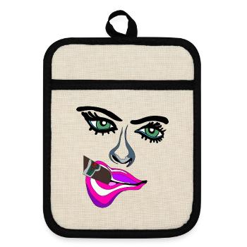 Pop-Art Neonlippen Gesicht - Topflappen mit Gummirückseite - Leinen/Schwarz  - Vorne