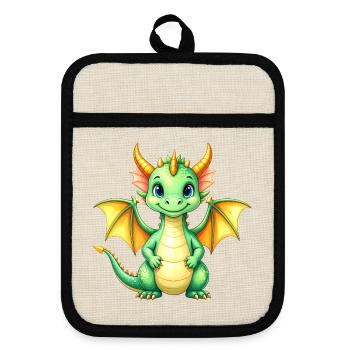 Kleiner Grüner Kawaii Drache Süßes Kinder T-Shirt - Topflappen mit Gummirückseite - Leinen/Schwarz  - Vorne