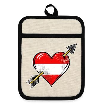 Österreich Flagge Herz mit Pfeil used look - Topflappen mit Gummirückseite - Leinen/Schwarz  - Vorne