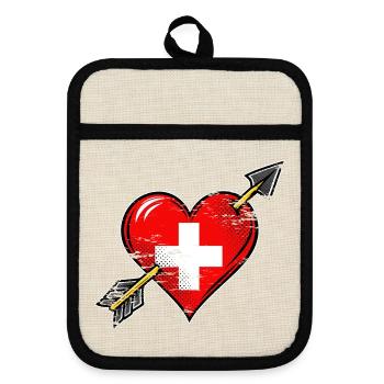 Schweiz Flagge Herz mit Pfeil used look - Topflappen mit Gummirückseite - Leinen/Schwarz  - Vorne