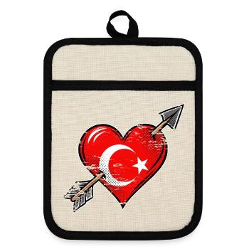 Türkei Flagge Herz mit Pfeil used look - Topflappen mit Gummirückseite - Leinen/Schwarz  - Vorne