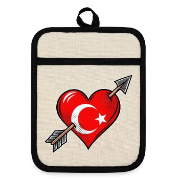 Türkei Flagge Herz mit Pfeil - Topflappen mit Gummirückseite - Leinen/Schwarz  - Vorne
