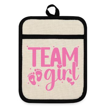Team Girl Pink Heart Tiny Footprints Geschlechterenthüllung - Topflappen mit Gummirückseite - Leinen/Schwarz  - Vorne