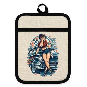 Hot Rod Pin-up Girl: 50s Muscle Car Mechanikerin - Topflappen mit Gummirückseite - Leinen/Schwarz  - Vorne