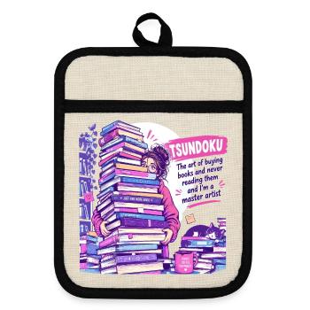 Tsundoku Master Artist: Riesiger Bücherstapel - Topflappen mit Gummirückseite - Leinen/Schwarz  - Vorne