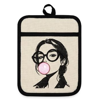Frau mit Kaugummi Stickerei rosa und schwarz  - Topflappen mit Gummirückseite - Leinen/Schwarz  - Vorne