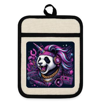 Panda mit Einhorn und Kopfhörern im Neonlook - Topflappen mit Gummirückseite - Leinen/Schwarz  - Vorne