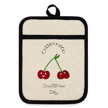 CherryMood – Kirschen, süß oder sauer - Topflappen mit Gummirückseite - Leinen/Schwarz  - Vorne