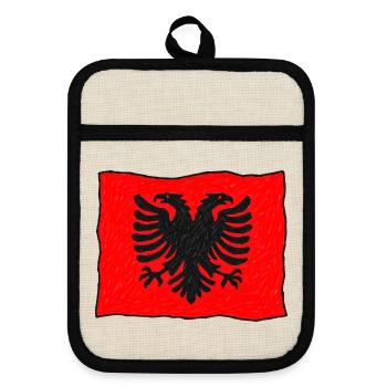 Albanische Flagge im Wind – Handgezeichnet - Topflappen mit Gummirückseite - Leinen/Schwarz  - Vorne