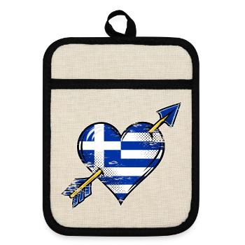 Griechenland Flagge Herz mit Pfeil used look - Topflappen mit Gummirückseite - Leinen/Schwarz  - Vorne