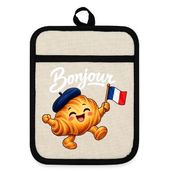 Cute French Croissant Bonjour Paris - Topflappen mit Gummirückseite - Leinen/Schwarz  - Vorne