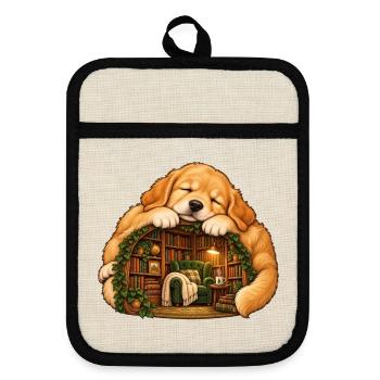 Schlafender Golden Retriever mit einer gemütlichen Bibliothek - Topflappen mit Gummirückseite - Leinen/Schwarz  - Vorne