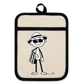 Strichel im Urlaubsmodus: Strand & Sonne warten! - Topflappen mit Gummirückseite - Leinen/Schwarz  - Vorne