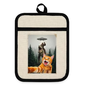 Rote Katze Selfie mit Waldmensch, Dino und UFO - Topflappen mit Gummirückseite - Leinen/Schwarz  - Vorne