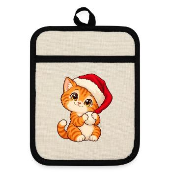 Weihnachten - Kätzchen mit Santa-Hut - Topflappen mit Gummirückseite - Leinen/Schwarz  - Vorne