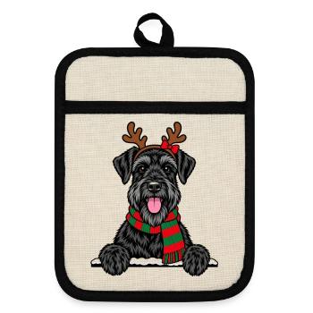 Riesenschnauzer Weihnachtshund mit Rentierohren - Topflappen mit Gummirückseite - Leinen/Schwarz  - Vorne