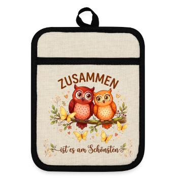 Zusammen ist es am Schönsten Eulen Shirt - Topflappen mit Gummirückseite - Leinen/Schwarz  - Vorne