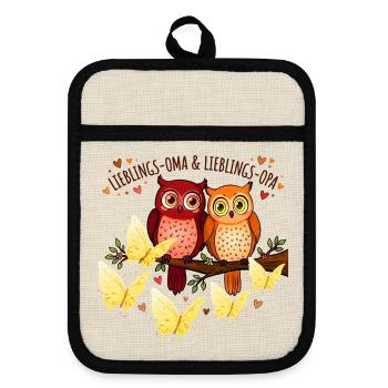 Lieblings Oma Opa Eulen Pärchen Geschenk - Topflappen mit Gummirückseite - Leinen/Schwarz  - Vorne