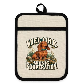 Dackel verhandelt - Topflappen mit Gummirückseite - Leinen/Schwarz  - Vorne