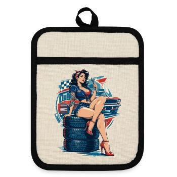 Hot Rod Pin-up Girl auf Reifenstapel - Topflappen mit Gummirückseite - Leinen/Schwarz  - Vorne