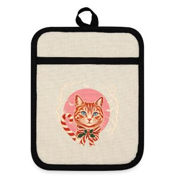 Weihnachtskatze Zuckerstange Vintage Retro - Topflappen mit Gummirückseite - Leinen/Schwarz  - Vorne