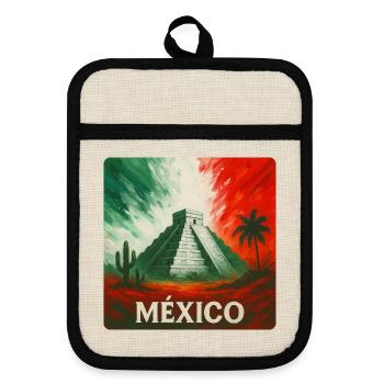 Mexiko Pyramide mit Kaktus in Landesfarben - Topflappen mit Gummirückseite - Leinen/Schwarz  - Vorne