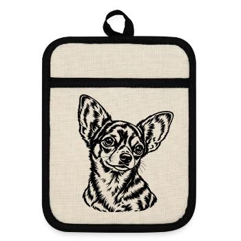Chihuahua – Süßes Schwarz Weiß Hundeporträt - Topflappen mit Gummirückseite - Leinen/Schwarz  - Vorne