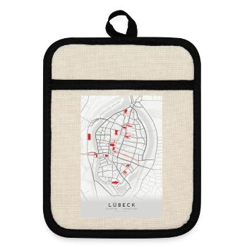 Lübeck Stadtplan mit Wahrzeichen - Topflappen mit Gummirückseite - Leinen/Schwarz  - Vorne