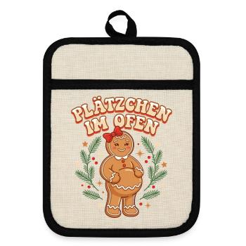 Weihnachtsoutfit Schwanger Plätzchen im Ofen - Topflappen mit Gummirückseite - Leinen/Schwarz  - Vorne