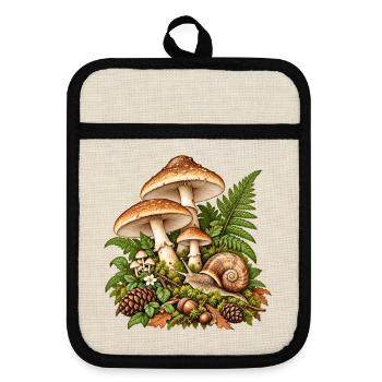 Waldpilz-Szene mit Schnecke - Topflappen mit Gummirückseite - Leinen/Schwarz  - Vorne