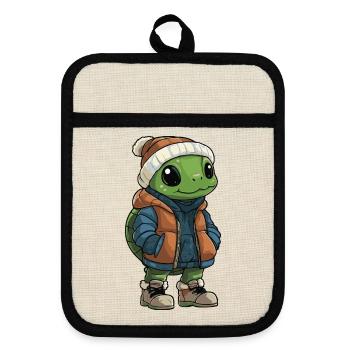 Schildkröte mit Winterjacke und Mütze - Topflappen mit Gummirückseite - Leinen/Schwarz  - Vorne