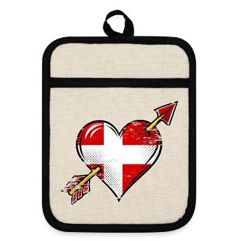 Dänemark Flagge Herz mit Pfeil used look - Topflappen mit Gummirückseite - Leinen/Schwarz  - Vorne