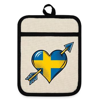 Schweden Flagge Herz mit Pfeil - Topflappen mit Gummirückseite - Leinen/Schwarz  - Vorne