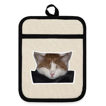Schlafende rot-weiße Katze - Topflappen mit Gummirückseite - Leinen/Schwarz  - Vorne