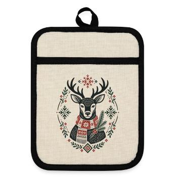 Winterhirsch mit Schneeflocken nordisches Design - Topflappen mit Gummirückseite - Leinen/Schwarz  - Vorne