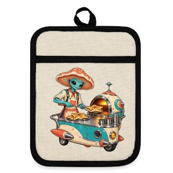 Außerirdischer Pizzabäcker im Retro-Foodtruck - Topflappen mit Gummirückseite - Leinen/Schwarz  - Vorne
