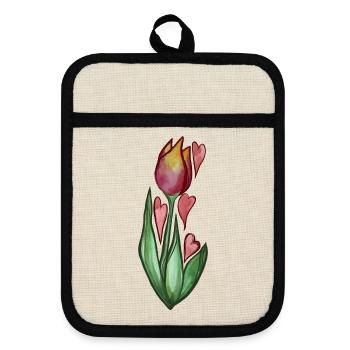 Aquarell-Tulpenherzen blühen - Topflappen mit Gummirückseite - Leinen/Schwarz  - Vorne