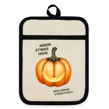 Innen etwas hohl, aber grinse sympathisch - Kürbis - Topflappen mit Gummirückseite - Leinen/Schwarz  - Vorne