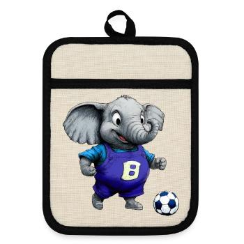 Elefanten Fussball / Fussballer Elefant - Topflappen mit Gummirückseite - Leinen/Schwarz  - Vorne