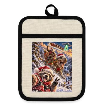 Christmas Raccoon Selfie Bigfoot T Rex Santa UFO - Topflappen mit Gummirückseite - Leinen/Schwarz  - Vorne
