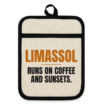 Limassol läuft auf Kaffee und Sonnenuntergängen - Topflappen mit Gummirückseite - Leinen/Schwarz  - Vorne