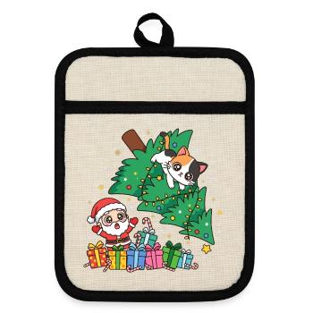 Weihnachtskatze zwischen Baum und Geschenken - Topflappen mit Gummirückseite - Leinen/Schwarz  - Vorne