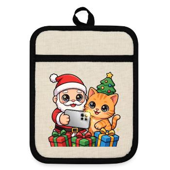 Weihnachts-Selfie: Weihnachtsmann und Katze - Topflappen mit Gummirückseite - Leinen/Schwarz  - Vorne