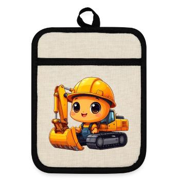 Kleiner Kawaii Bagger Bauarbeiter Helm T-Shirt - Topflappen mit Gummirückseite - Leinen/Schwarz  - Vorne