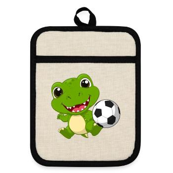 Kleiner Grüner Drache Spielt Fußball Kinder TShirt - Topflappen mit Gummirückseite - Leinen/Schwarz  - Vorne