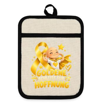 Goldene Schleife für Hoffnung – Kinderkrebs Bewuss - Topflappen mit Gummirückseite - Leinen/Schwarz  - Vorne