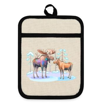 Elch im Winterwald – wilde Natur - Topflappen mit Gummirückseite - Leinen/Schwarz  - Vorne