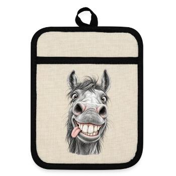 Lustiges Pferd mit einem breiten Lächeln - Topflappen mit Gummirückseite - Leinen/Schwarz  - Vorne